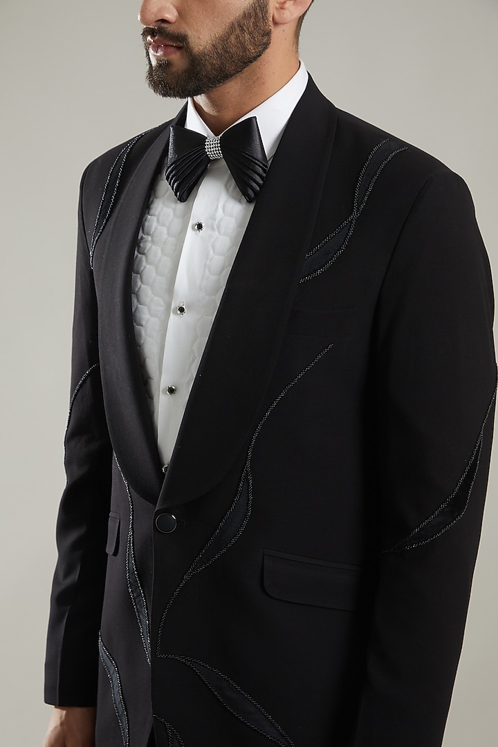 Black Hand Embroidered Tuxedo Set by KODEXRAUL at Pernia's Pop Up Shop