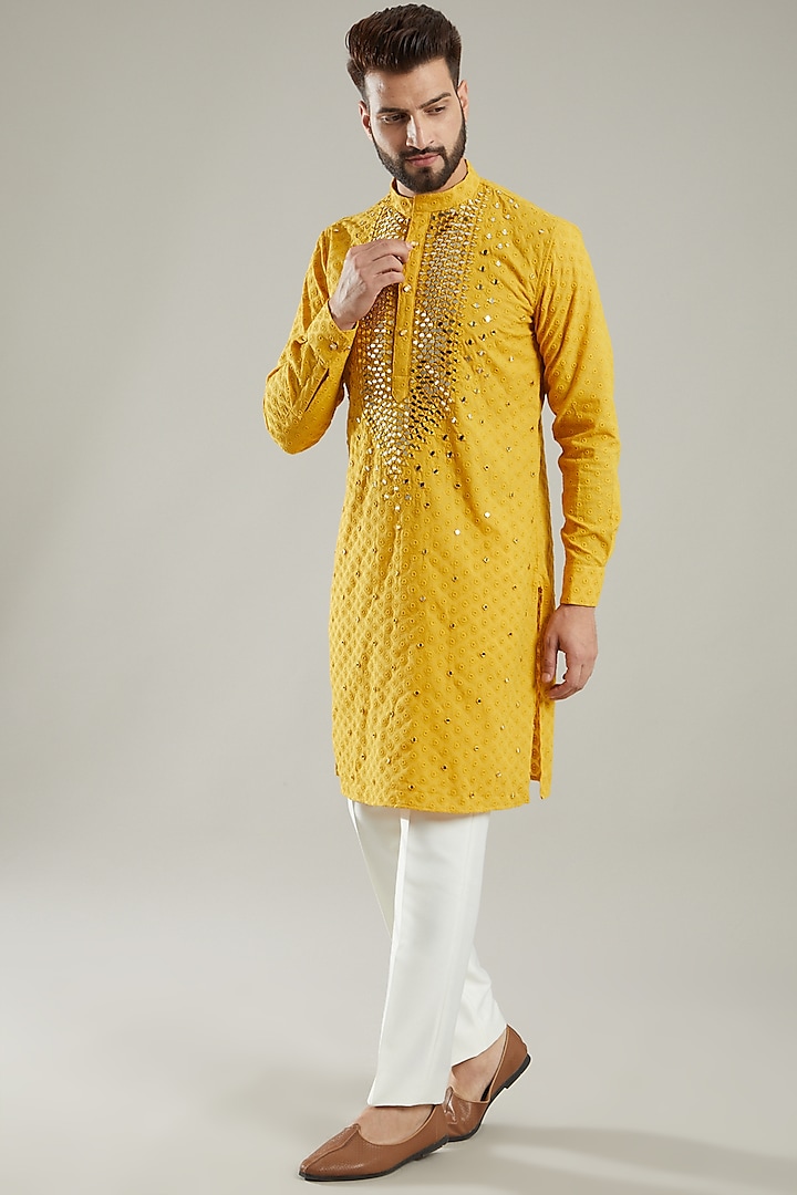 Mustard Mirror Embroidered Kurta Set by KODEXRAUL