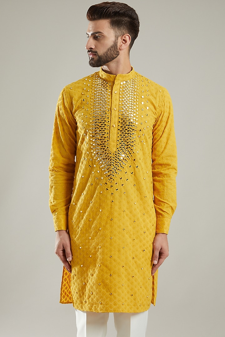 Mustard Mirror Embroidered Kurta Set by KODEXRAUL at Pernia's Pop Up Shop
