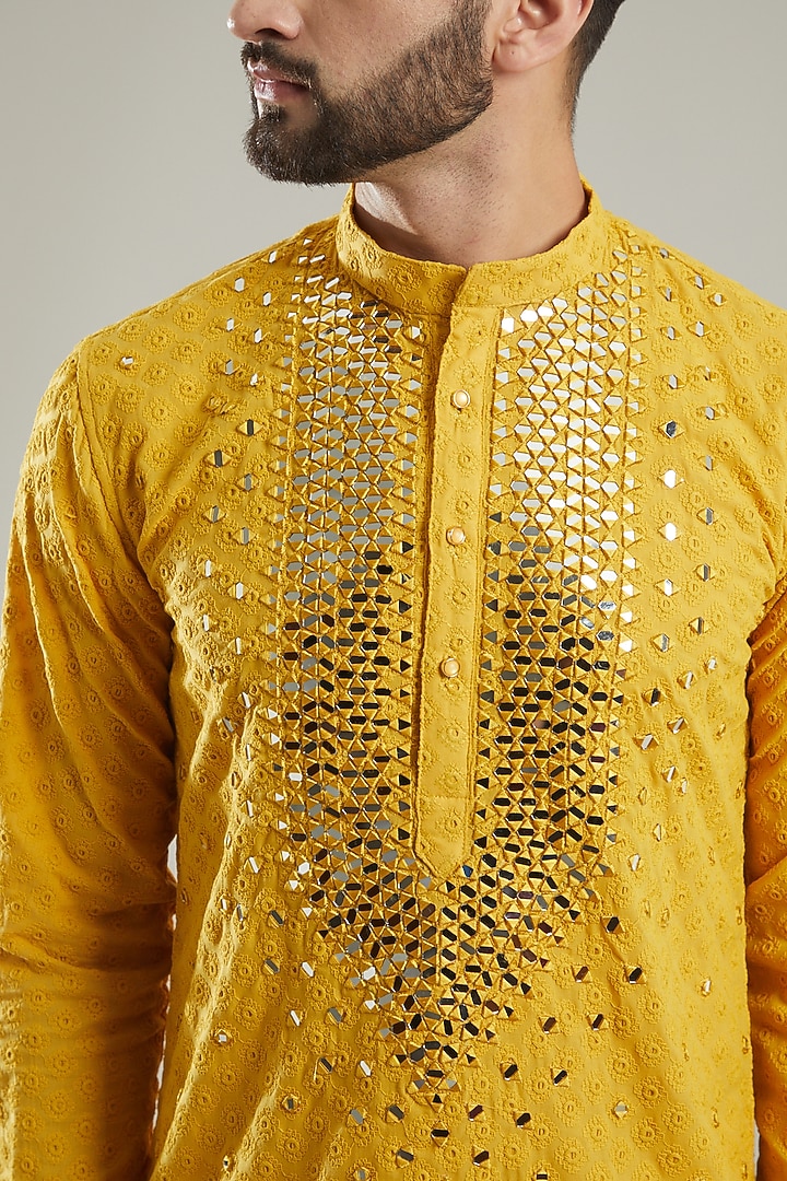 Mustard Mirror Embroidered Kurta Set by KODEXRAUL at Pernia's Pop Up Shop