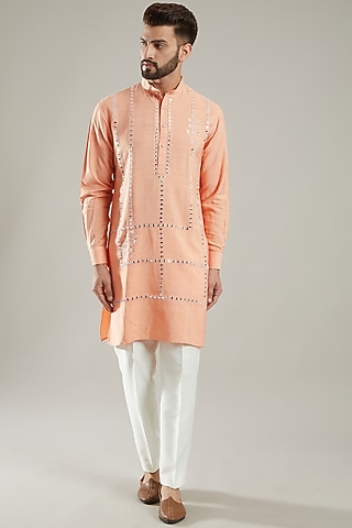 Peach Silk Mirror Hand Embroidered Kurta Set by KODEXRAUL