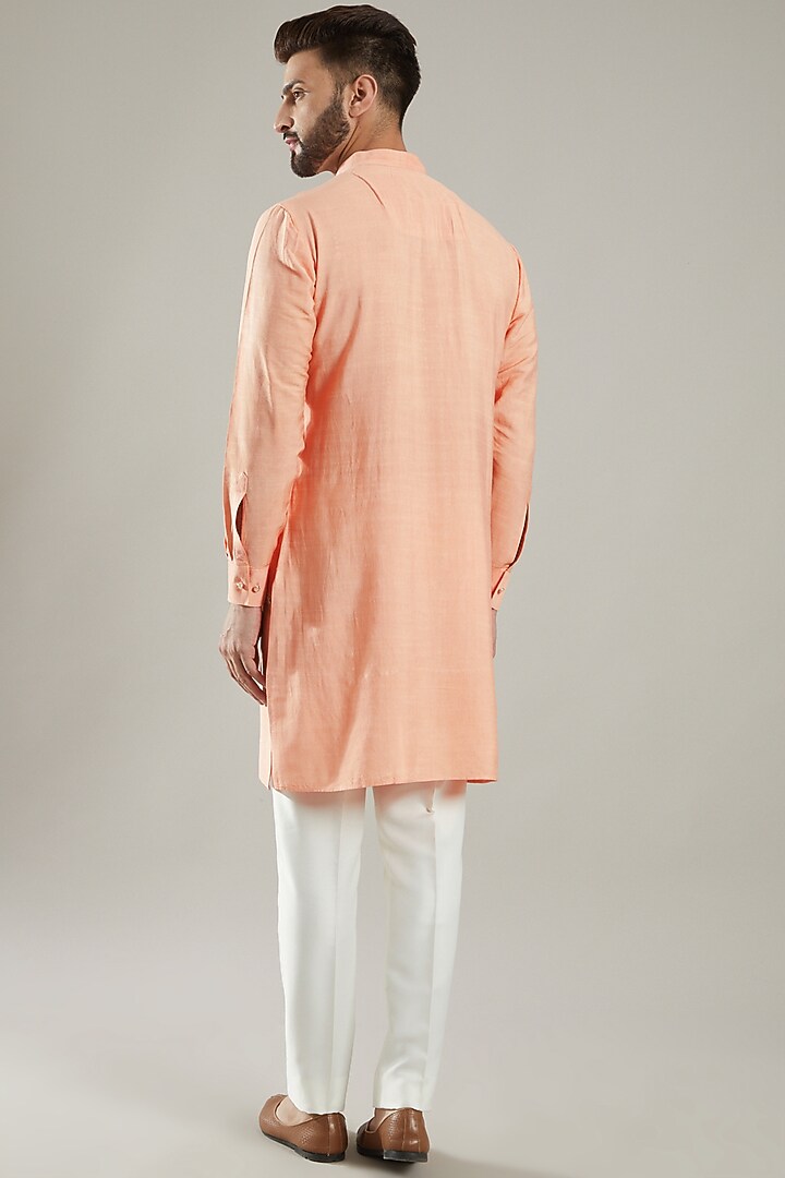 Peach Silk Mirror Hand Embroidered Kurta Set by KODEXRAUL at Pernia's Pop Up Shop