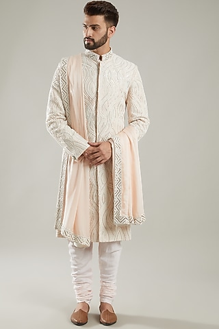 Ice Pink Silk Sequins Hand Embroidered Sherwani Set by KODEXRAUL