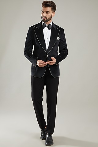 Black Velvet Embroidered Tuxedo Set by KODEXRAUL
