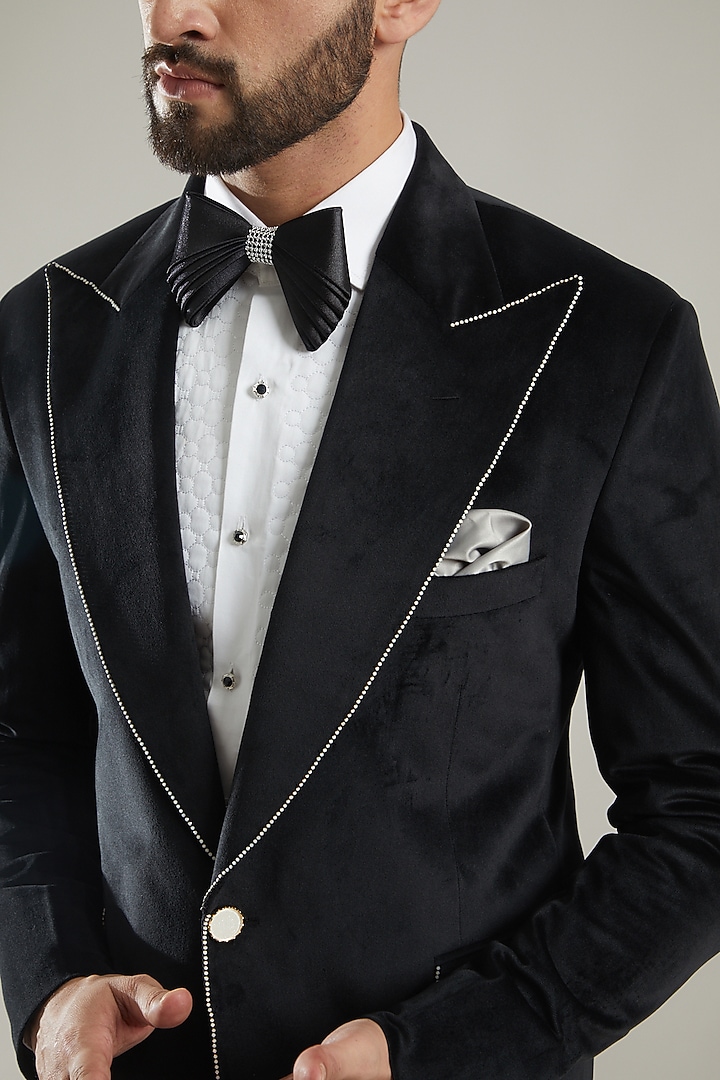 Black Velvet Embroidered Tuxedo Set by KODEXRAUL at Pernia's Pop Up Shop