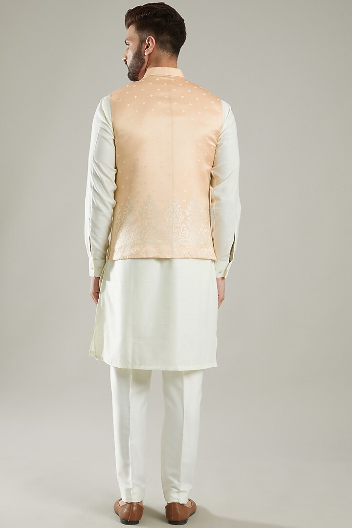 Peach Jacquard Bundi Jacket With Kurta Set by KODEXRAUL at Pernia's Pop Up Shop