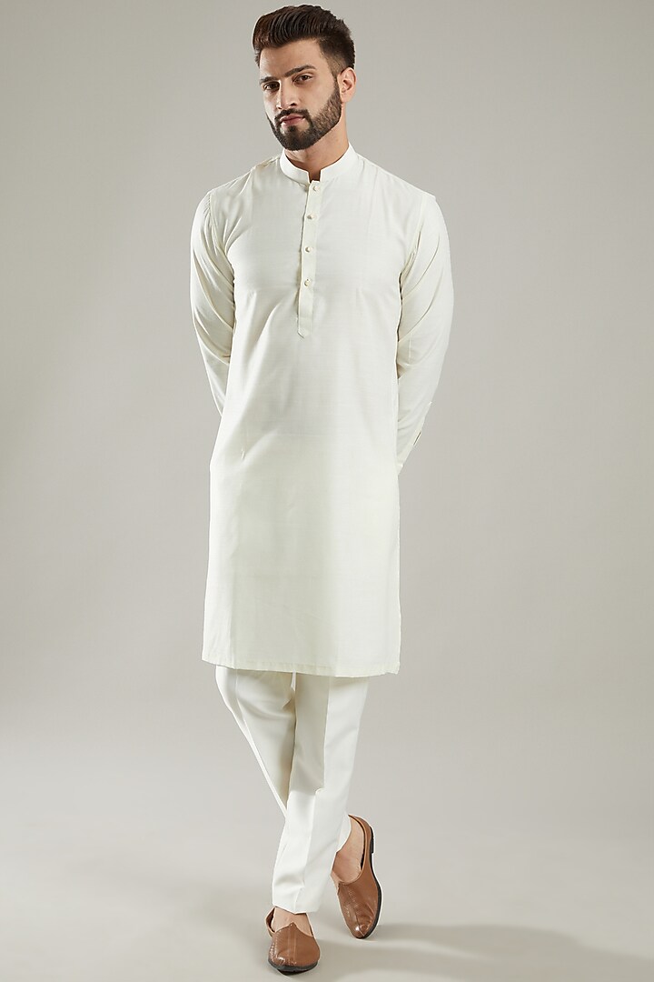 Peach Jacquard Bundi Jacket With Kurta Set by KODEXRAUL at Pernia's Pop Up Shop