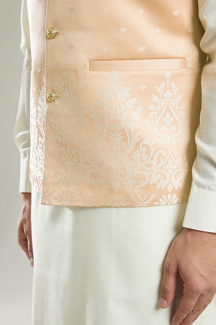 Peach Jacquard Bundi Jacket With Kurta Set by KODEXRAUL at Pernia's Pop Up Shop