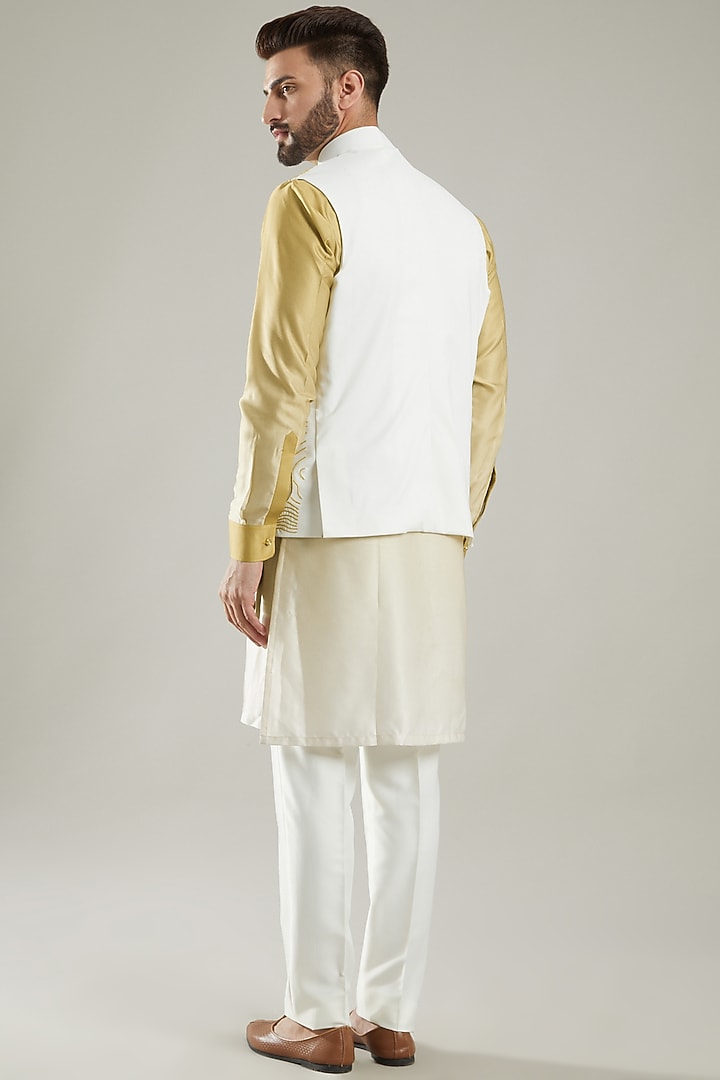 Ivory Silk Thread & Aari Embroidered Bundi Jacket Set by KODEXRAUL at Pernia's Pop Up Shop