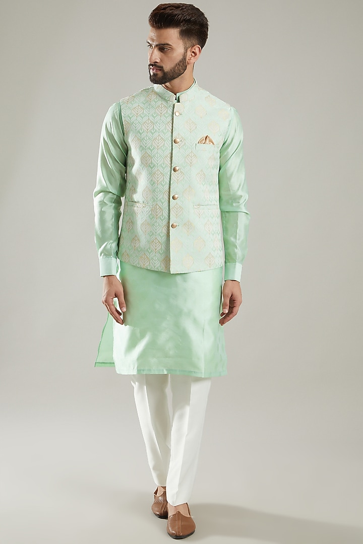 Mint Green Jacquard Bundi Jacket With Kurta Set by KODEXRAUL at Pernia's Pop Up Shop