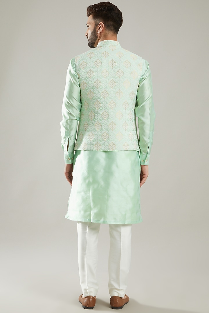 Mint Green Jacquard Bundi Jacket With Kurta Set by KODEXRAUL at Pernia's Pop Up Shop