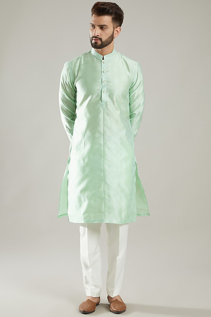 Mint Green Jacquard Bundi Jacket With Kurta Set by KODEXRAUL at Pernia's Pop Up Shop