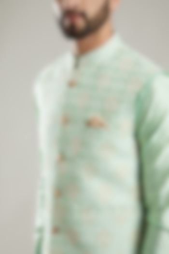Mint Green Jacquard Bundi Jacket With Kurta Set by KODEXRAUL