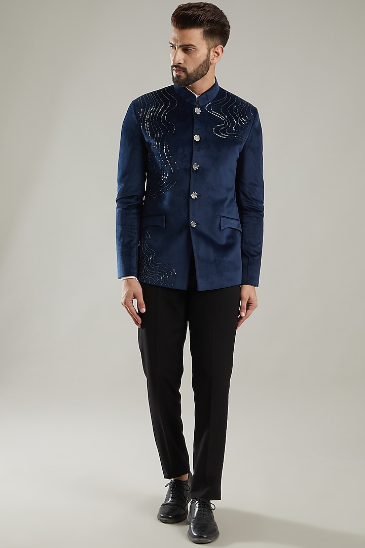 Navy Blue Embroidered Bandhgala Jacket Set by KODEXRAUL