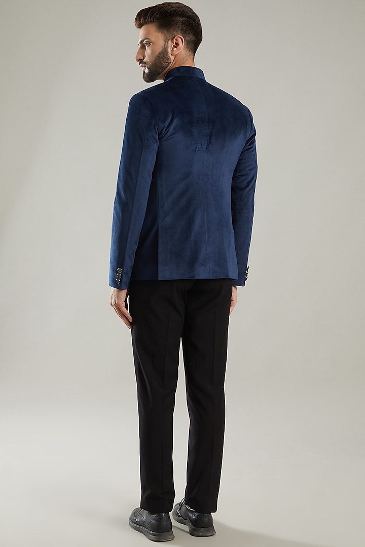 Navy Blue Embroidered Wedding Bandhgala Jacket Set by KODEXRAUL at Pernia's Pop Up Shop