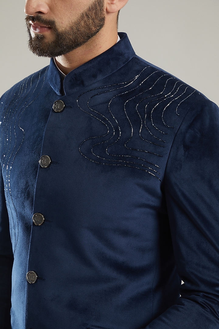 Navy Blue Embroidered Wedding Bandhgala Jacket Set by KODEXRAUL at Pernia's Pop Up Shop