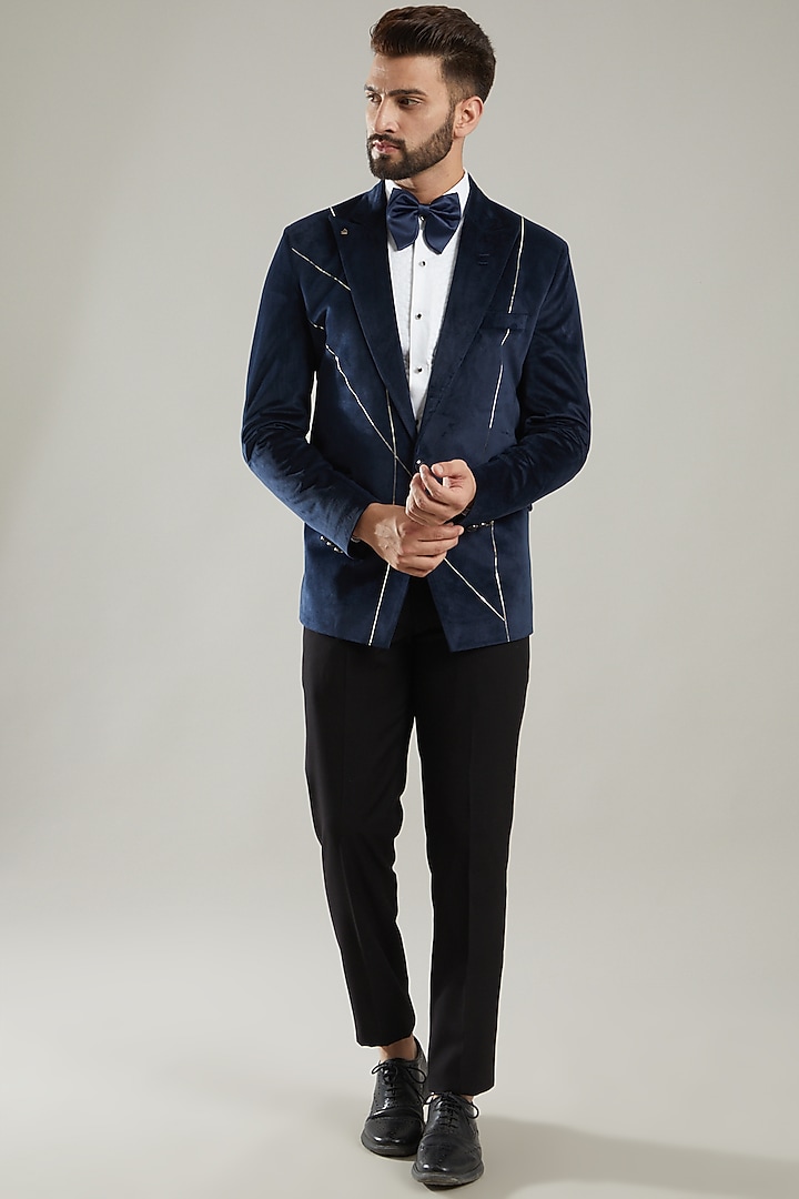 Navy Blue Embroidered Tuxedo Set by KODEXRAUL at Pernia's Pop Up Shop
