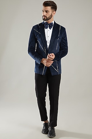 Navy Blue Embroidered Tuxedo Set by KODEXRAUL