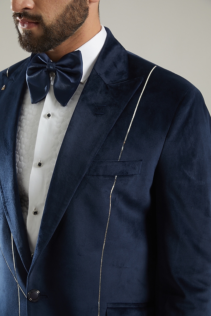 Navy Blue Embroidered Tuxedo Set by KODEXRAUL at Pernia's Pop Up Shop