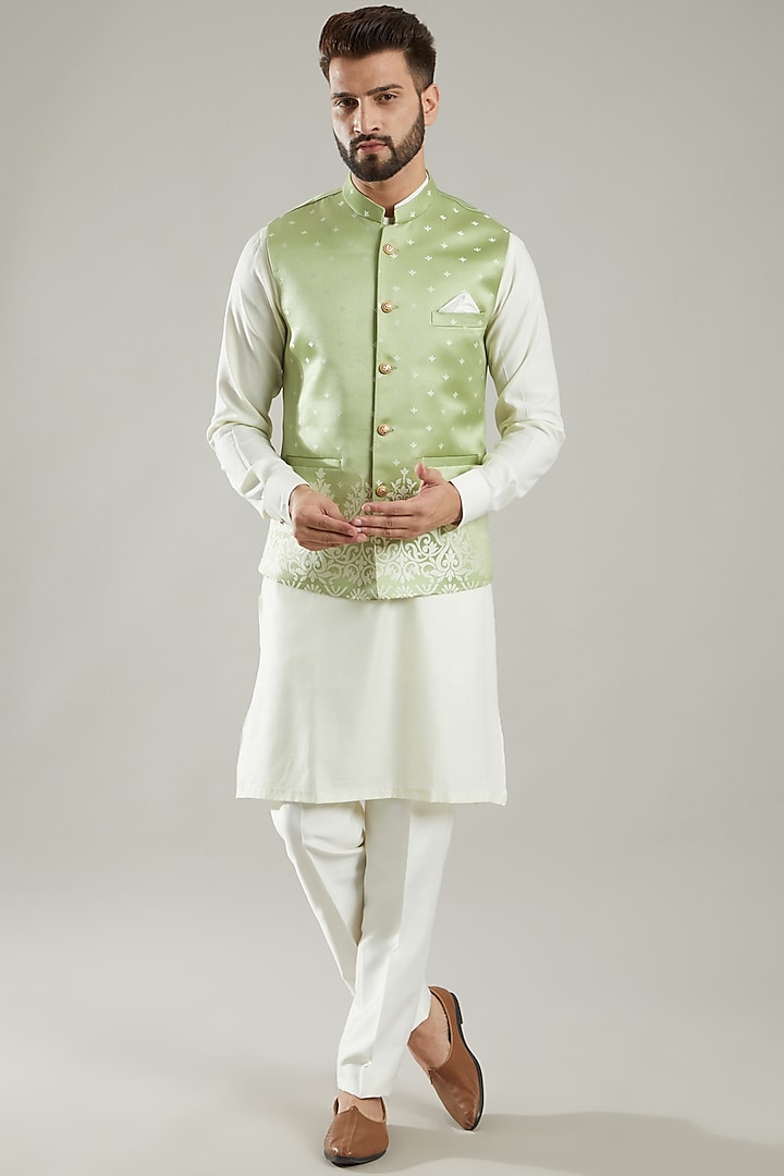 Green Jacquard Bundi Jacket With Kurta Set by KODEXRAUL