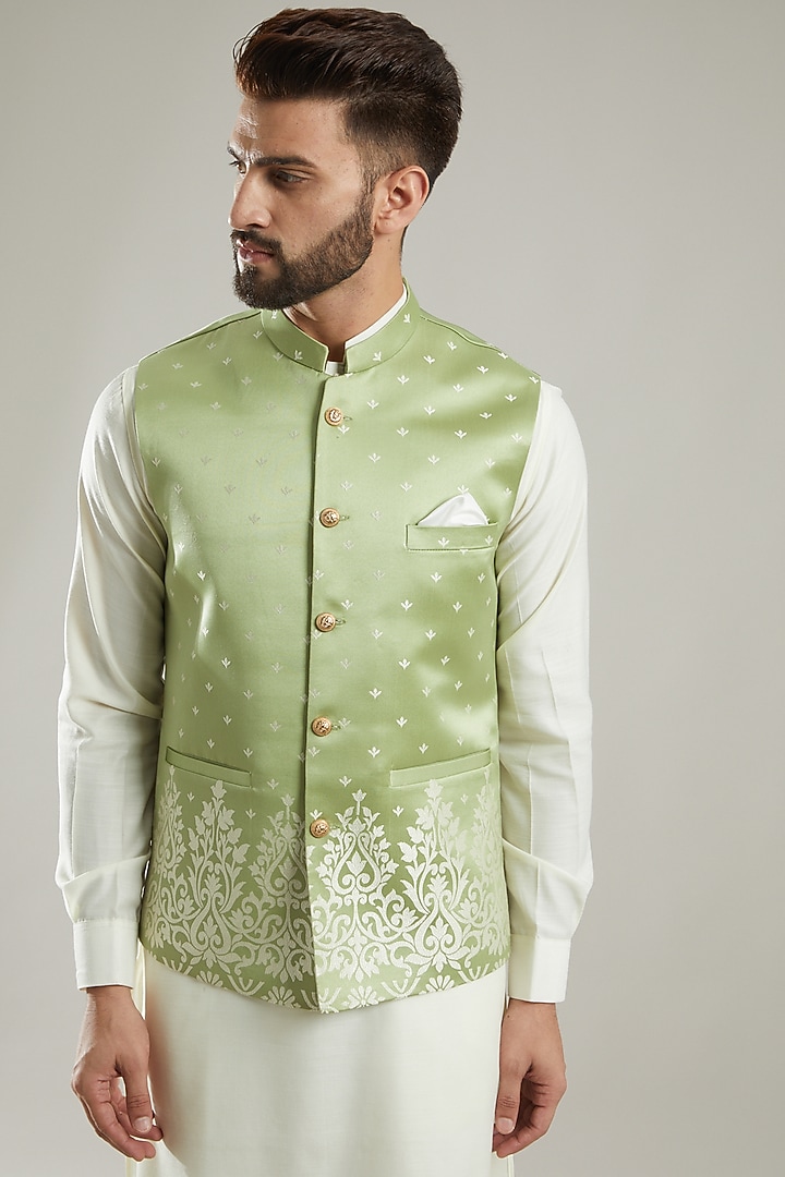 Green Jacquard Bundi Jacket Set by KODEXRAUL at Pernia's Pop Up Shop