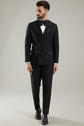 Black Embellished Tuxedo Set by KODEXRAUL
