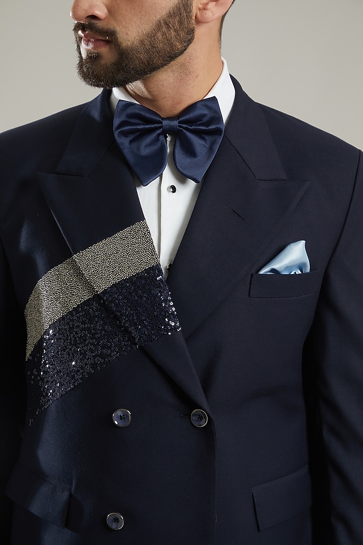 Navy Blue Embellished Tuxedo Set by KODEXRAUL at Pernia's Pop Up Shop