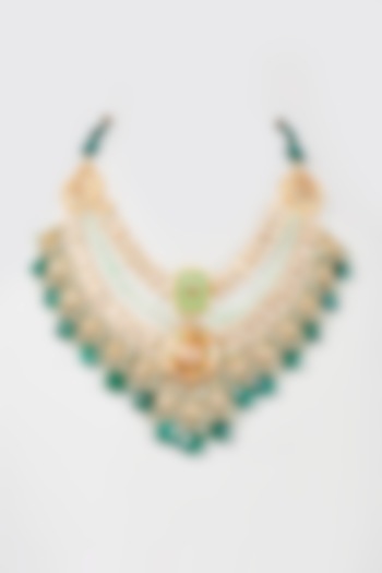 Gold Finish Green Kundan Polki & Pearl Enameled Necklace by Kohar By Kanika at Pernia's Pop Up Shop