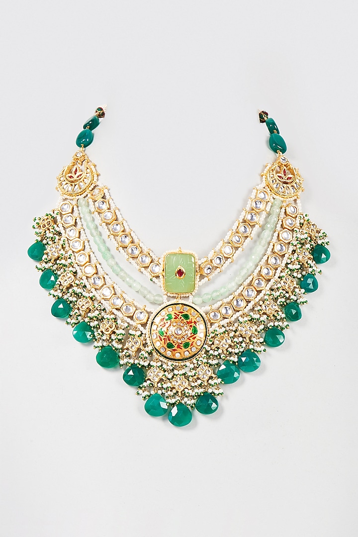 Gold Finish Green Kundan Polki & Pearl Enameled Necklace by Kohar By Kanika at Pernia's Pop Up Shop
