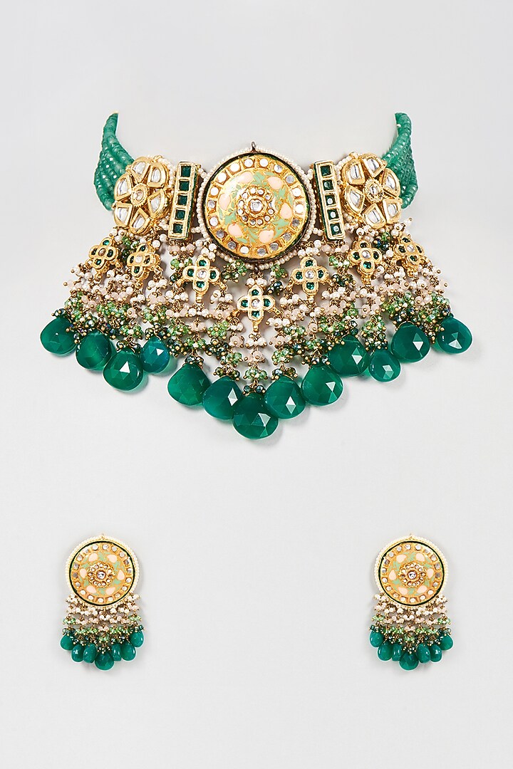 Gold Finish Green Kundan Polki & Pearl Enameled Choker Necklace Set by Kohar By Kanika at Pernia's Pop Up Shop