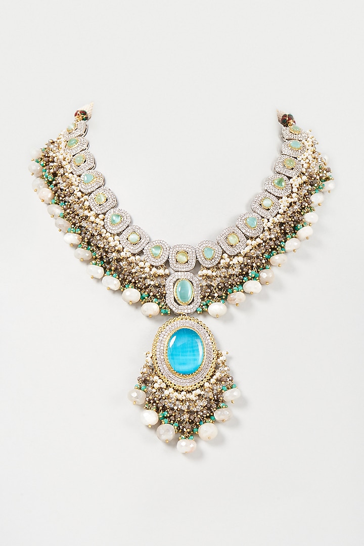 Gold Finish Turquoise Stone & Pearl Meenakari Necklace by Kohar By Kanika at Pernia's Pop Up Shop