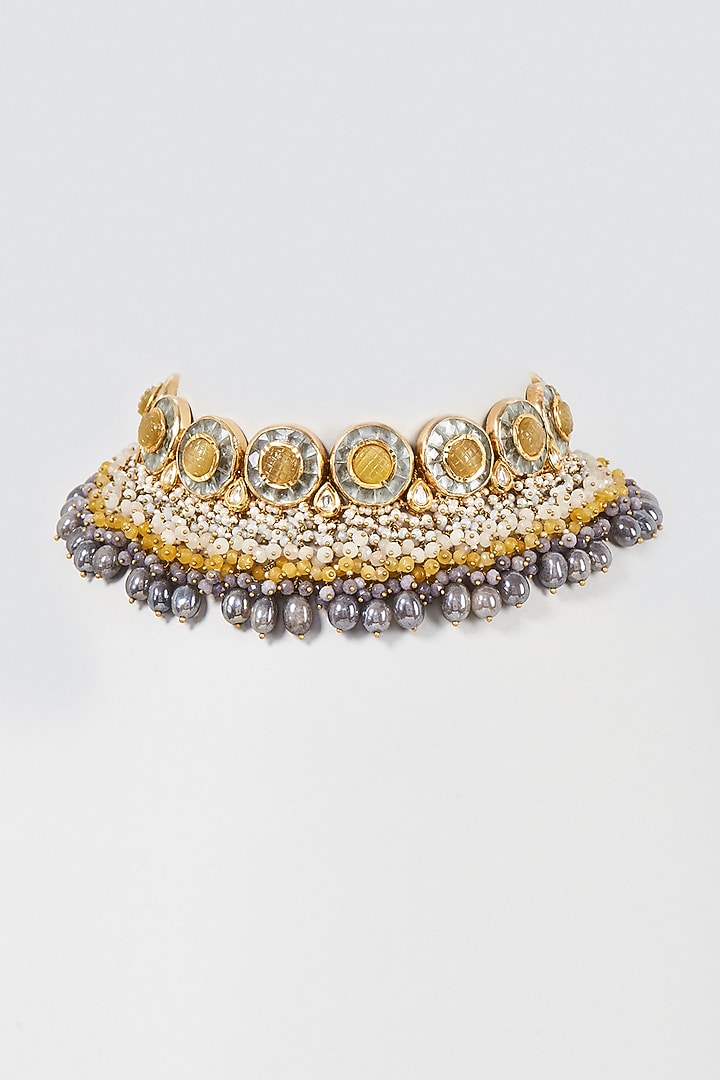 Gold Finish Yellow Stone & Pearl Meenakari Choker Necklace by Kohar By Kanika at Pernia's Pop Up Shop