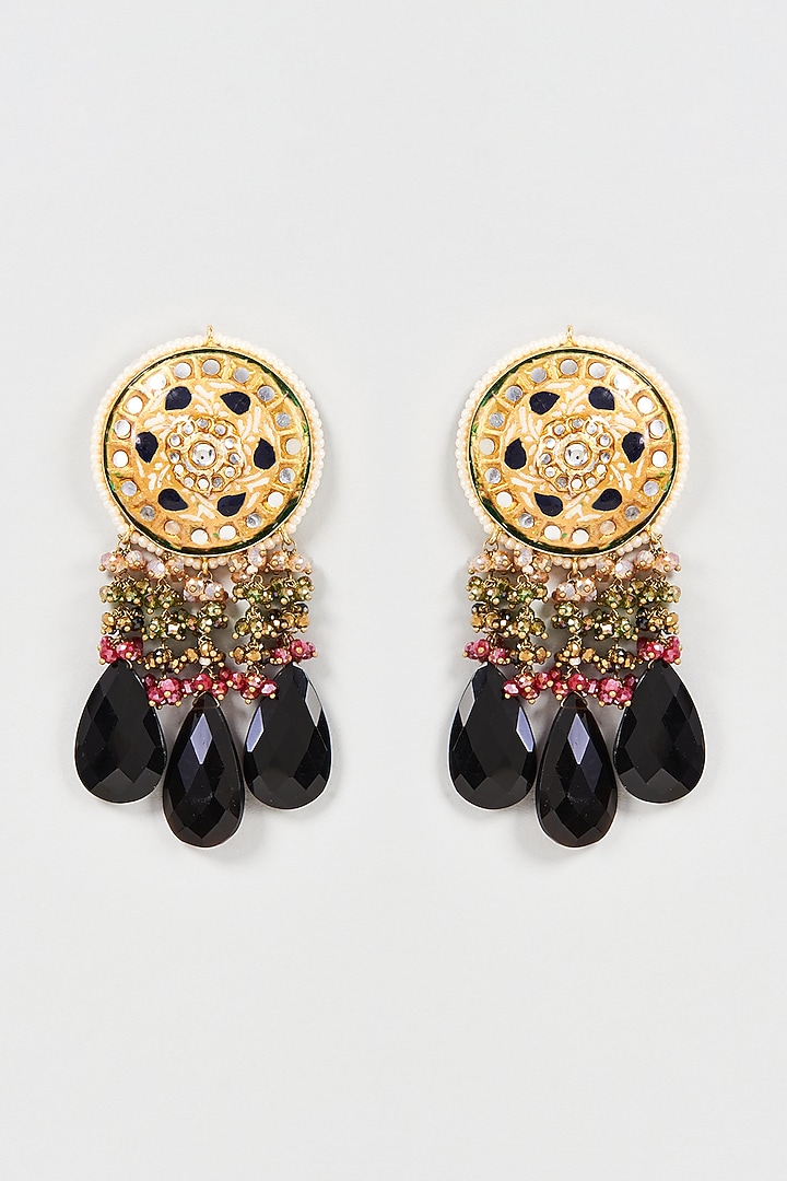 Gold Finish Blue Onyx & Pearl Meenakari Dangler Earrings by Kohar By Kanika at Pernia's Pop Up Shop