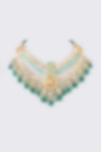 Gold Finish Synthetic Emerald Stone Enameled Choker Necklace by Kohar By Kanika at Pernia's Pop Up Shop