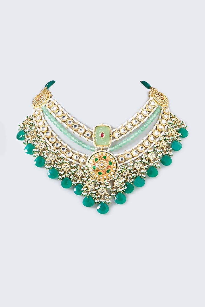 Gold Finish Synthetic Emerald Stone Enameled Choker Necklace by Kohar By Kanika at Pernia's Pop Up Shop