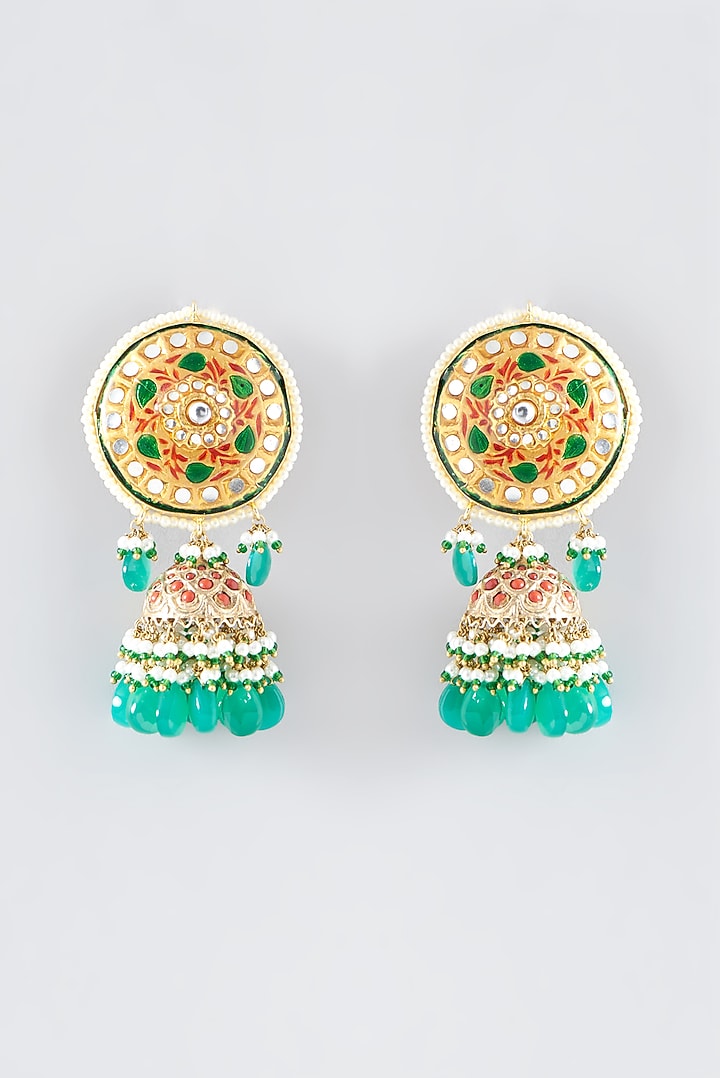Gold Finish Synthetic Emerald Stone Enameled Dangler Earrings by Kohar By Kanika at Pernia's Pop Up Shop