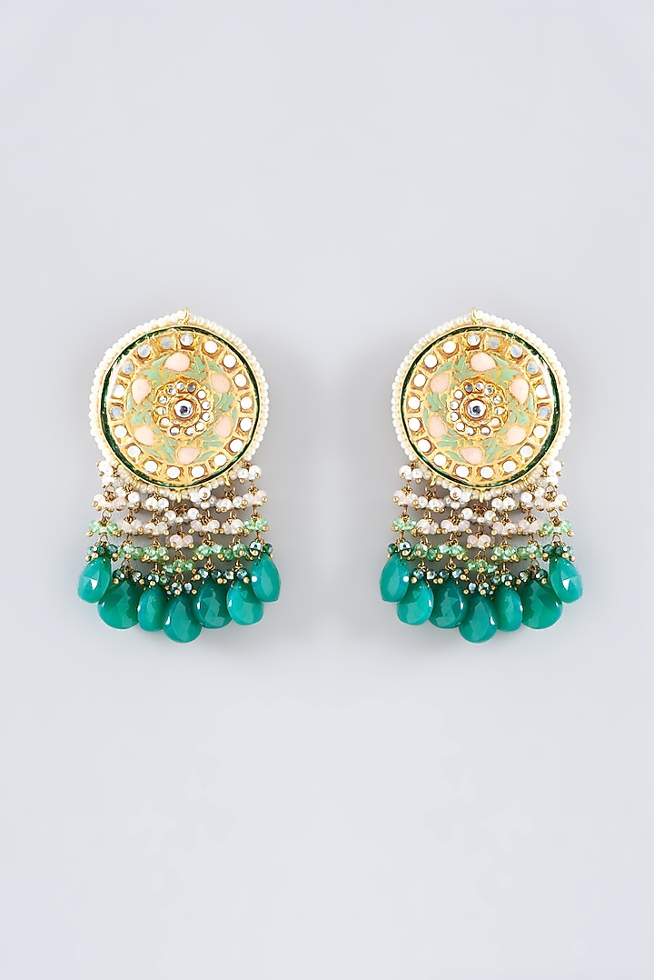 Gold Finish Synthetic Emerald Stone Meenakari Dangler Earrings by Kohar By Kanika at Pernia's Pop Up Shop
