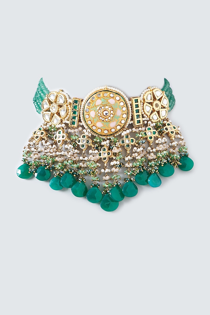 Gold Finish Synthetic Emerald Stone Meenakari Choker Necklace by Kohar By Kanika