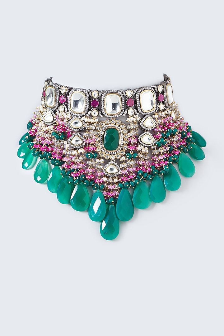 Black Rhodium Finish Kundan Polki Choker Necklace by Kohar By Kanika at Pernia's Pop Up Shop