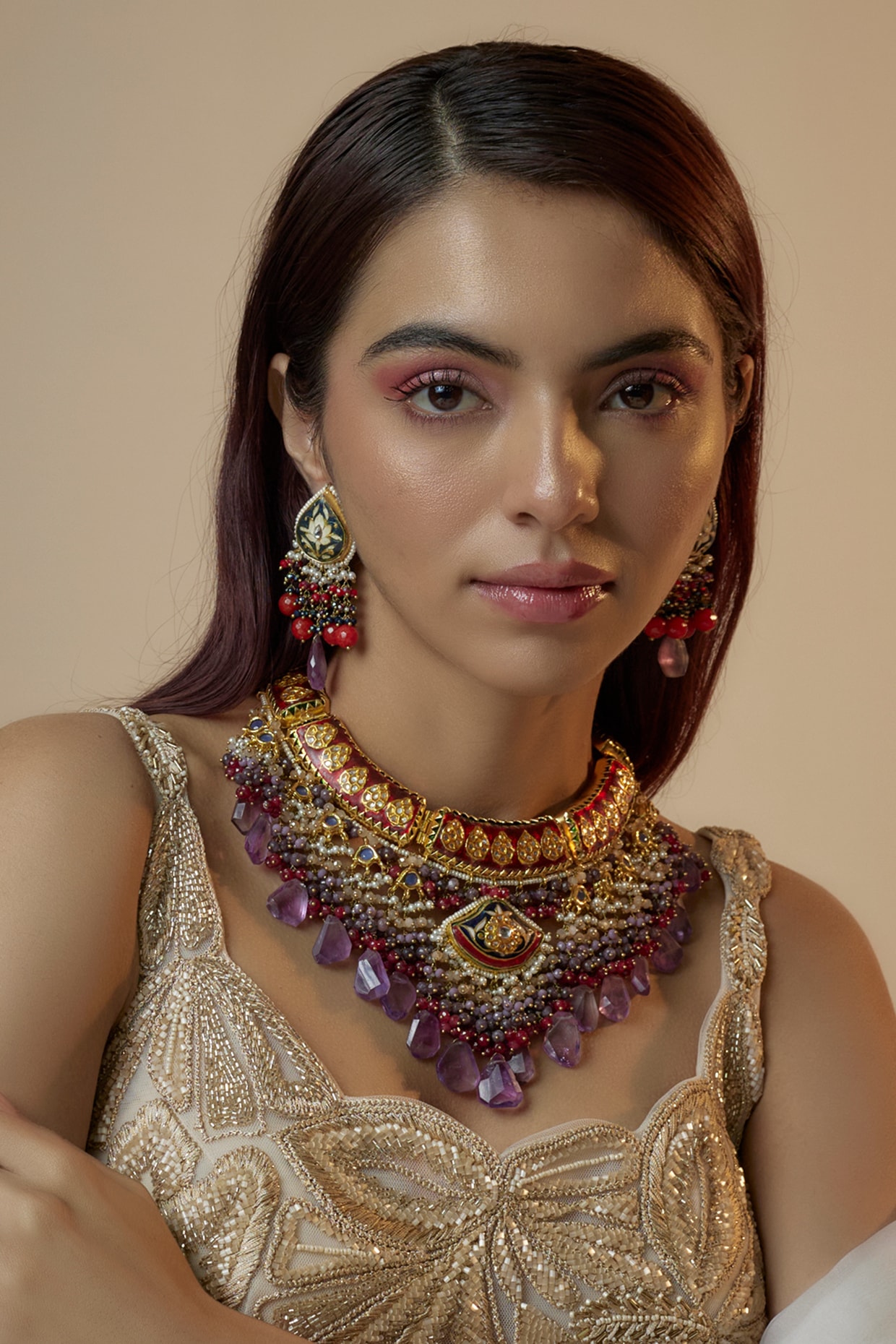 Golden, Green, Meenakari, Kundan Polki, Necklace Set