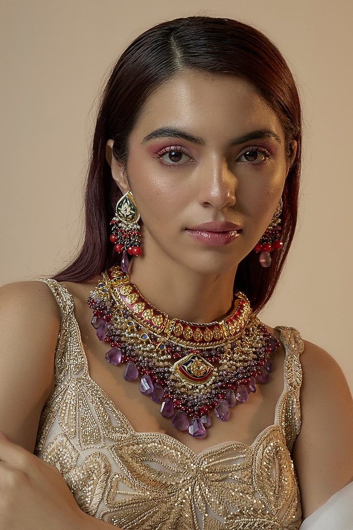 Gold Finish Kundan Polki Meenakari Choker Necklace Set by Kohar By Kanika at Pernia's Pop Up Shop
