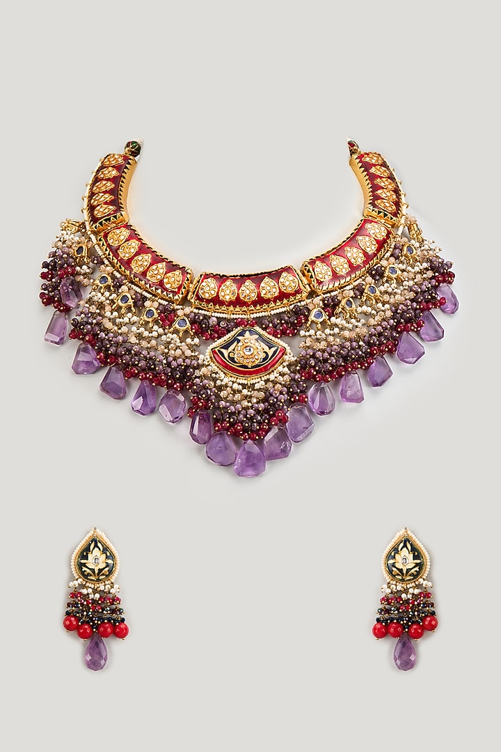 Gold Finish Kundan Polki Meenakari Choker Necklace Set by Kohar By Kanika at Pernia's Pop Up Shop