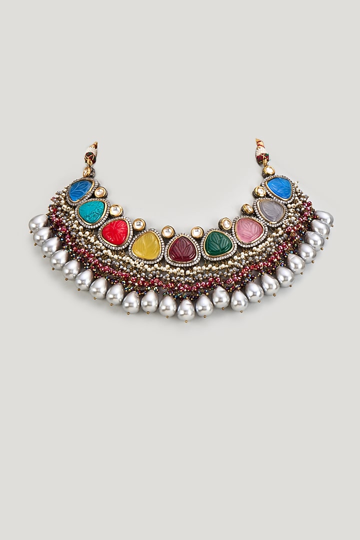 Gold Finish Kundan Polki & Pearl Meenakari Necklace by Kohar By Kanika at Pernia's Pop Up Shop
