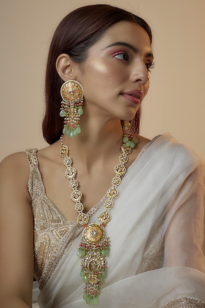 Gold Finish Kundan Polki Meenakari Necklace Set by Kohar By Kanika at Pernia's Pop Up Shop