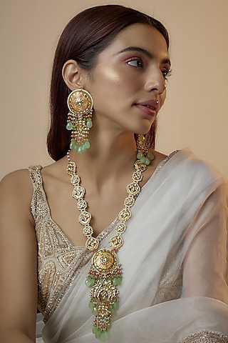 Gold Finish Kundan Polki Meenakari Necklace Set by Kohar By Kanika