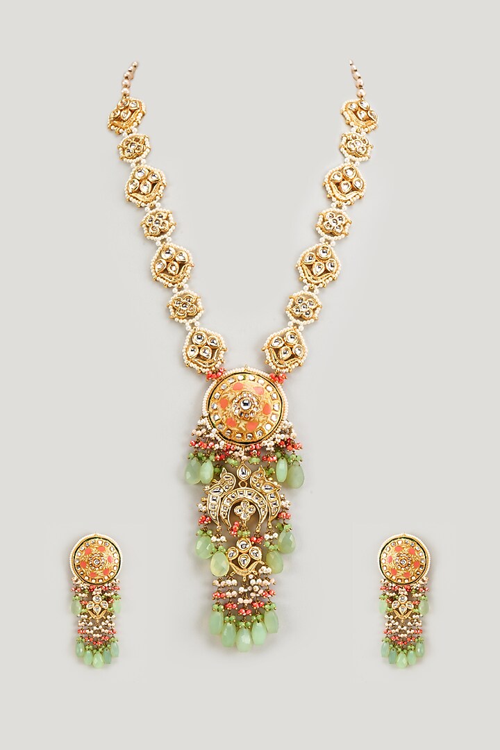 Gold Finish Kundan Polki Meenakari Necklace Set by Kohar By Kanika at Pernia's Pop Up Shop