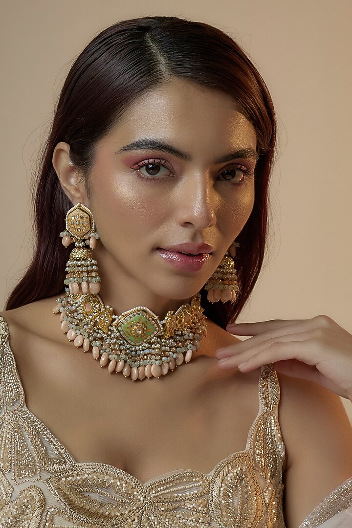 Gold Finish Kundan Polki & Pearl Meenakari Necklace Set by Kohar By Kanika at Pernia's Pop Up Shop