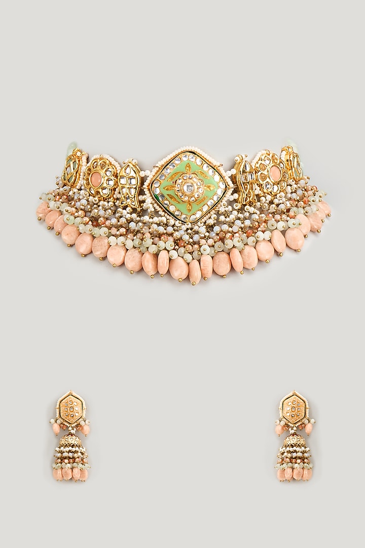 Gold Finish Kundan Polki & Pearl Meenakari Necklace Set by Kohar By Kanika at Pernia's Pop Up Shop