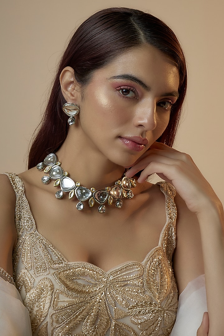 Gold Finish Kundan Polki Choker Necklace Set by Kohar By Kanika at Pernia's Pop Up Shop