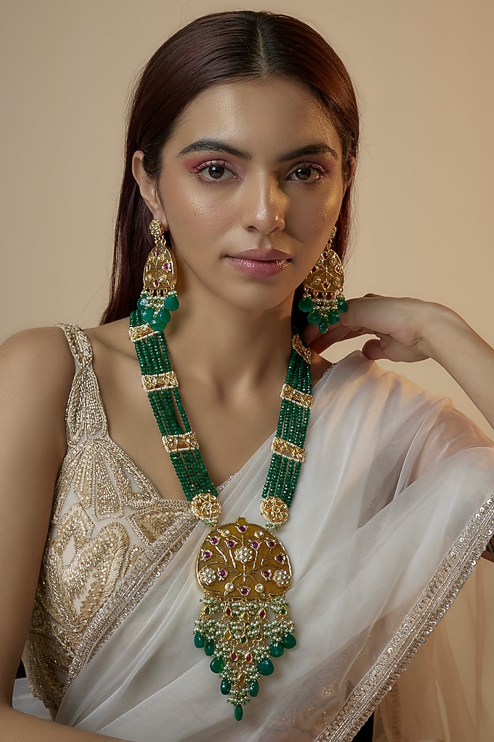 Gold Finish Kundan Polki & Pearl Meenakari Necklace Set by Kohar By Kanika at Pernia's Pop Up Shop